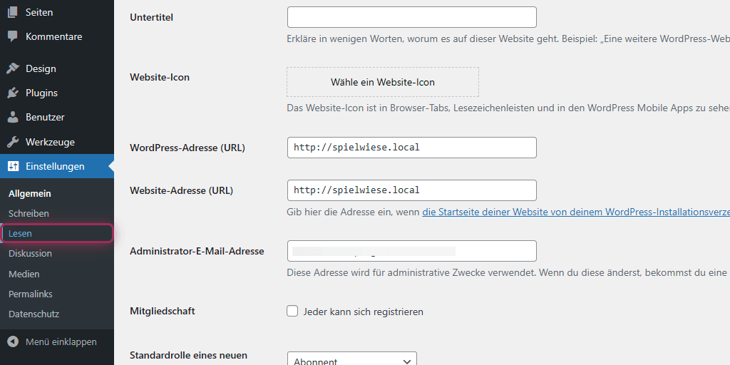 WordPress Einstellungen "Lesen"