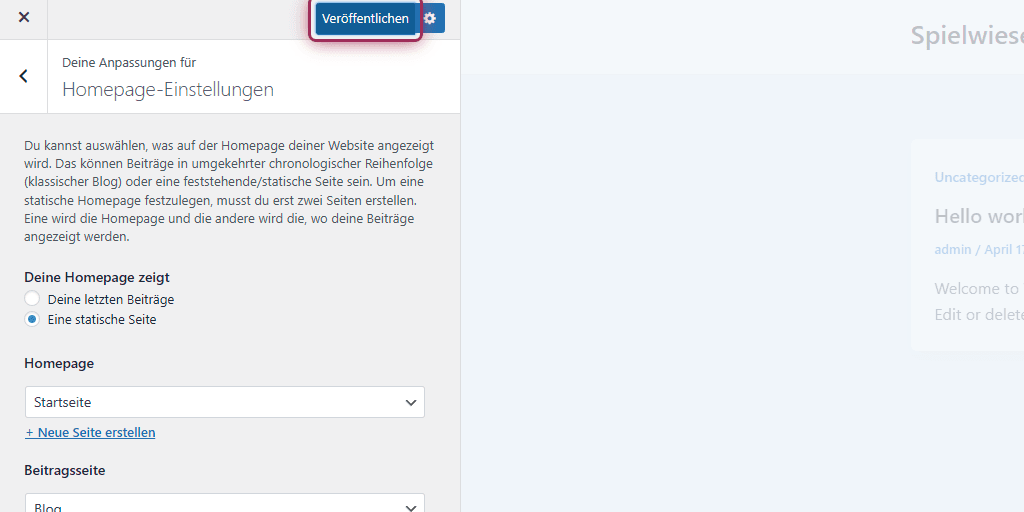 Im Customizer veröffentlichen klicken